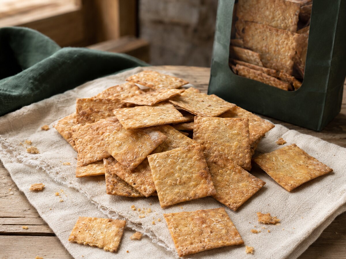 Knusprige quadratische Bio Dinkelchips auf Leinen